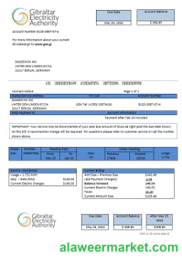 Gibraltar Electricity Authority business utility bill Word and PDF template